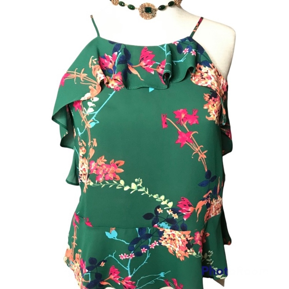 Sienna Sky new “silk” floral flounce sleeveless blouse top emerald green S